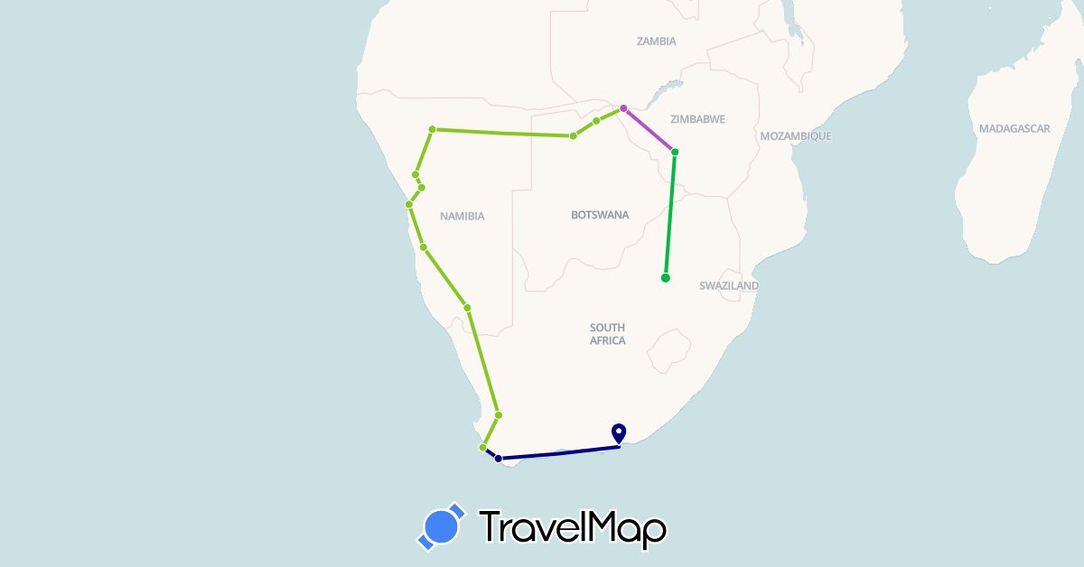 TravelMap itinerary: driving, bus, train, electric vehicle in Botswana, Namibia, South Africa, Zimbabwe (Africa)
